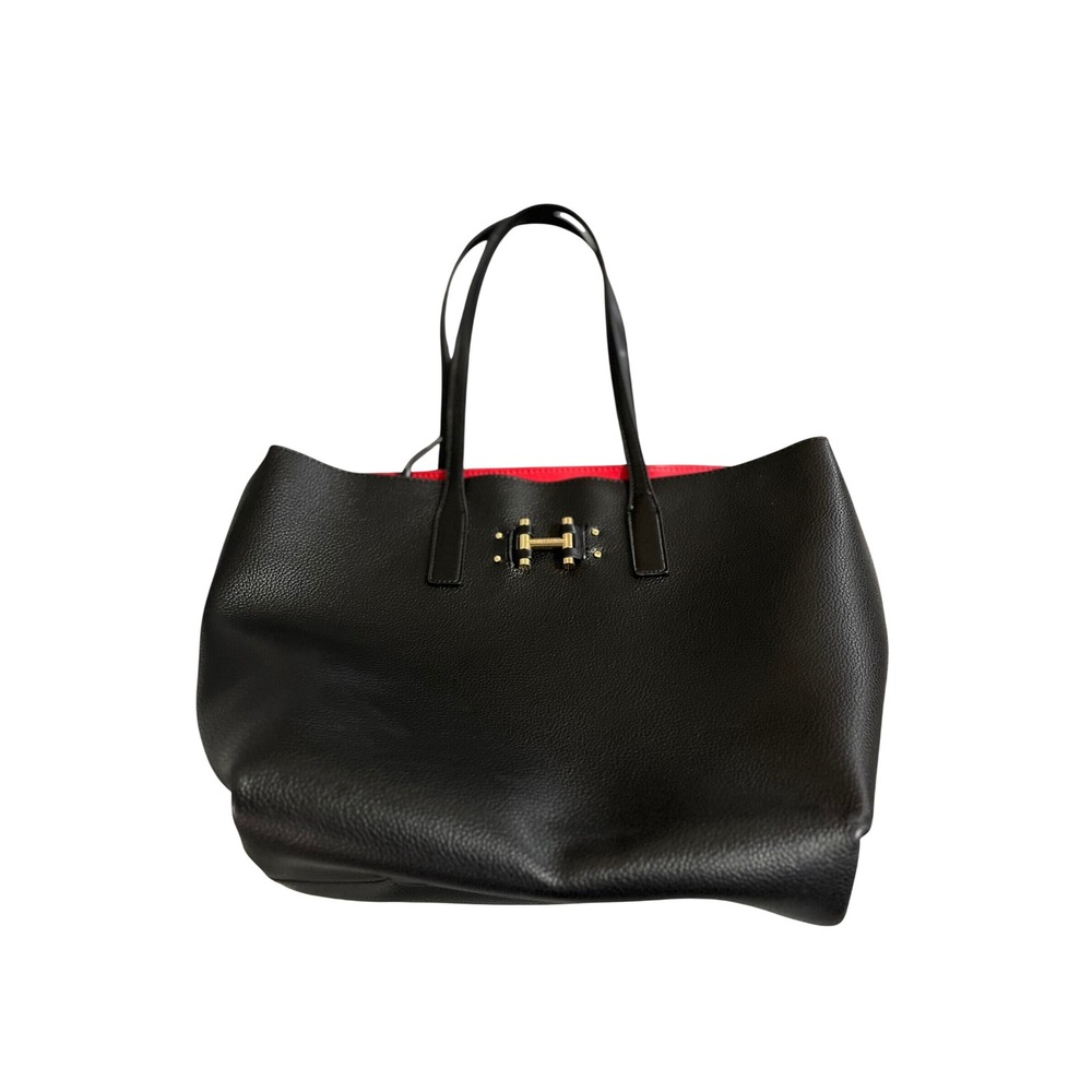 Halston Black Pebbled FAUX Leather Tote Bag Red Interior Gold Hardware Large